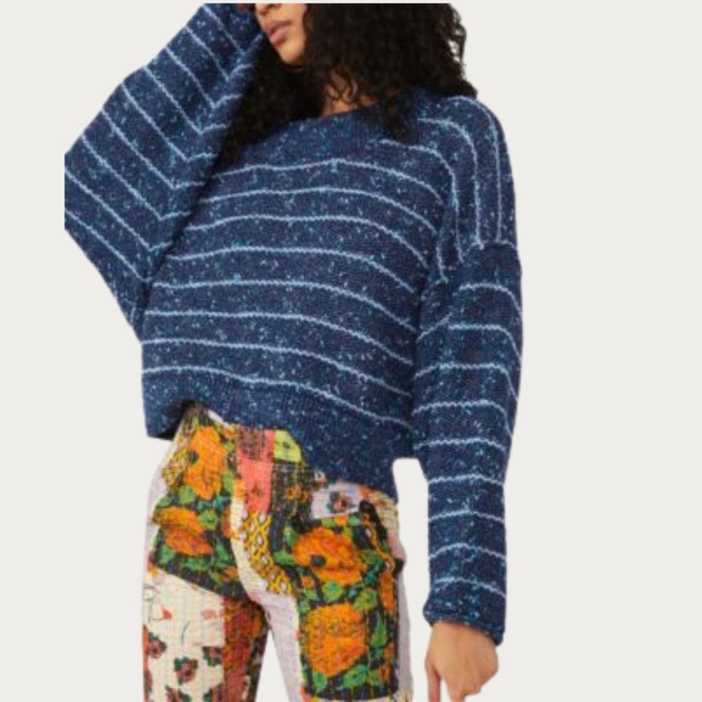 Free People Starlight Pullover Sweatshirt Blue Star Combo